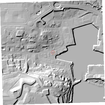 Shaded relief map of the ground around PL40EU, computed from Environment Agency LiDAR. The ground here sits at about 3 m above sea level and falls 38 m across the surrounding 800 m. Surface water reaching this point runs off ground lying to the north-north-west, 6.0 m higher.