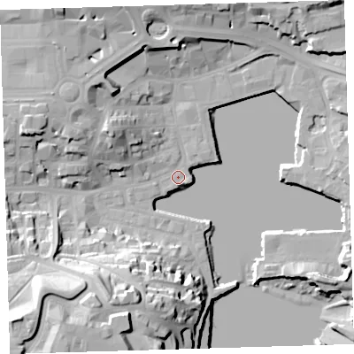 Shaded relief map of the ground around PL40EX, computed from Environment Agency LiDAR. The ground here sits at about 3 m above sea level and falls 38 m across the surrounding 800 m. Surface water reaching this point runs off ground lying to the east-south-east, 1.1 m higher.