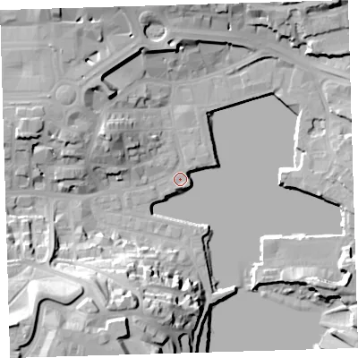Shaded relief map of the ground around PL40EY, computed from Environment Agency LiDAR. The ground here sits at about 3 m above sea level and falls 38 m across the surrounding 800 m. Surface water reaching this point runs off ground lying to the south-west, 37.4 m higher.