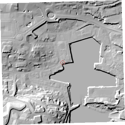Shaded relief map of the ground around PL40EZ, computed from Environment Agency LiDAR. The ground here sits at about 3 m above sea level and falls 37 m across the surrounding 800 m. Surface water reaching this point runs off ground lying to the south-west, 35.8 m higher.