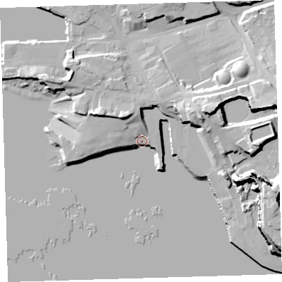 Shaded relief map of the ground around PL40FB, computed from Environment Agency LiDAR. The ground here sits at about 4 m above sea level and falls 32 m across the surrounding 800 m. Surface water reaching this point runs off ground lying to the north-west, 14.9 m higher.