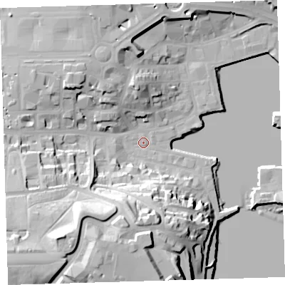 Shaded relief map of the ground around PL40GG, computed from Environment Agency LiDAR. The ground here sits at about 3 m above sea level and falls 38 m across the surrounding 800 m. Surface water reaching this point runs off ground lying to the south-west, 33.6 m higher.