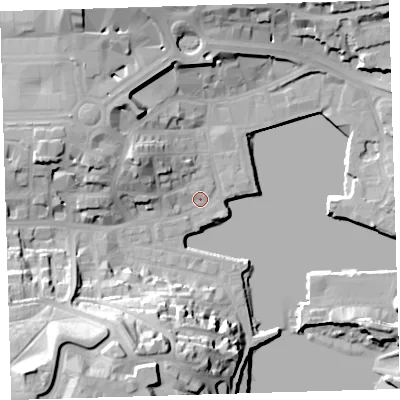 Shaded relief map of the ground around PL40HB, computed from Environment Agency LiDAR. The ground here sits at about 3 m above sea level and falls 38 m across the surrounding 800 m. Surface water reaching this point runs off ground lying to the west-north-west, 1.7 m higher.
