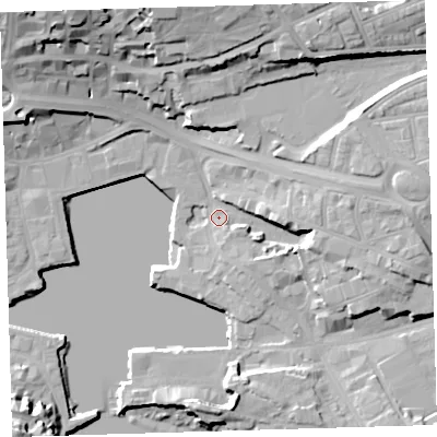 Shaded relief map of the ground around PL40HN, computed from Environment Agency LiDAR. The ground here sits at about 4 m above sea level and falls 28 m across the surrounding 800 m. Surface water reaching this point runs off ground lying to the east, 14.8 m higher.