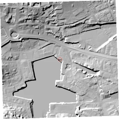 Shaded relief map of the ground around PL40HP, computed from Environment Agency LiDAR. The ground here sits at about 4 m above sea level and falls 33 m across the surrounding 800 m. Surface water reaching this point runs off ground lying to the north-north-west, 31.9 m higher.