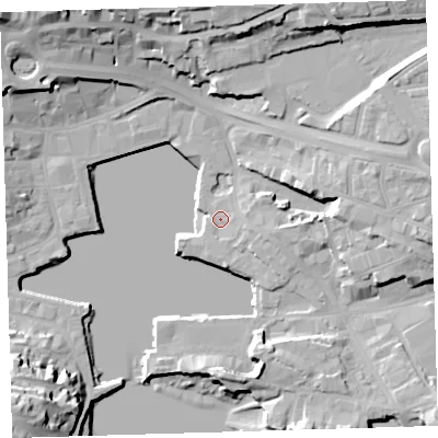 Shaded relief map of the ground around PL40HX, computed from Environment Agency LiDAR. The ground here sits at about 3 m above sea level and falls 27 m across the surrounding 800 m. Surface water reaching this point runs off ground lying to the east, 5.0 m higher.
