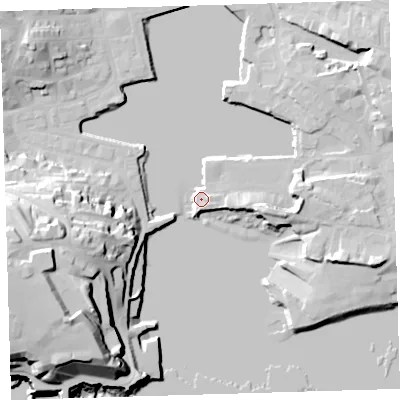 Shaded relief map of the ground around PL40LB, computed from Environment Agency LiDAR. The ground here sits at about 3 m above sea level and falls 34 m across the surrounding 800 m. Surface water reaching this point runs off ground lying to the east, 6.9 m higher.