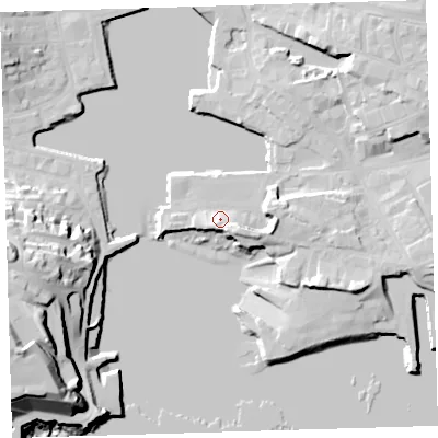 Shaded relief map of the ground around PL40LF, computed from Environment Agency LiDAR. The ground here sits at about 6 m above sea level and falls 33 m across the surrounding 800 m. Surface water reaching this point runs off ground lying to the south-east, 6.8 m higher.