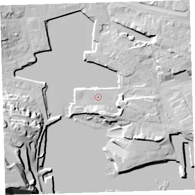 Shaded relief map of the ground around PL40LH, computed from Environment Agency LiDAR. The ground here sits at about 3 m above sea level and falls 33 m across the surrounding 800 m. Surface water reaching this point runs off ground lying to the east-south-east, 8.5 m higher.