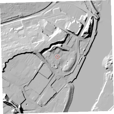 Shaded relief map of the ground around PL40PX, computed from Environment Agency LiDAR. The ground here sits at about 10 m above sea level and falls 32 m across the surrounding 800 m. Surface water reaching this point runs off ground lying to the north-west, 3.5 m higher.