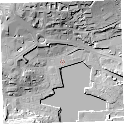 Shaded relief map of the ground around PL40QT, computed from Environment Agency LiDAR. The ground here sits at about 3 m above sea level and falls 36 m across the surrounding 800 m. Surface water reaching this point runs off ground lying to the north, 31.6 m higher.