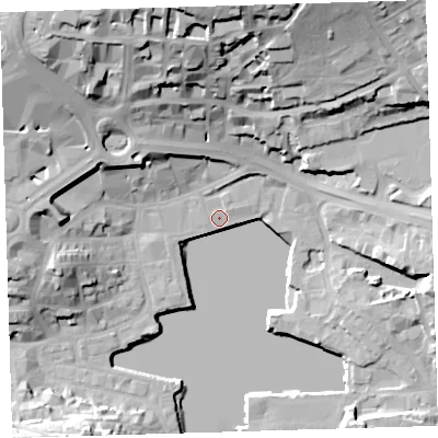 Shaded relief map of the ground around PL40QX, computed from Environment Agency LiDAR. The ground here sits at about 3 m above sea level and falls 36 m across the surrounding 800 m. Surface water reaching this point runs off ground lying to the north, 35.3 m higher.