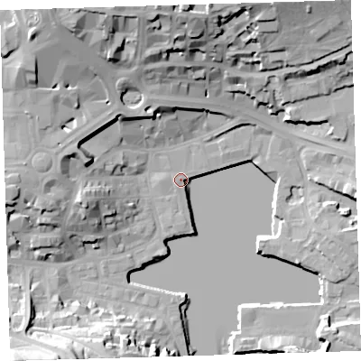 Shaded relief map of the ground around PL40RA, computed from Environment Agency LiDAR. The ground here sits at about 3 m above sea level and falls 33 m across the surrounding 800 m. Surface water reaching this point runs off ground lying to the south-west, 32.6 m higher.