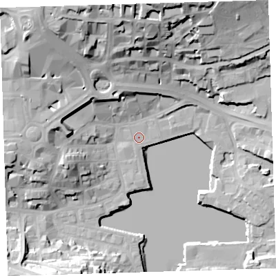Shaded relief map of the ground around PL40RB, computed from Environment Agency LiDAR. The ground here sits at about 3 m above sea level and falls 34 m across the surrounding 800 m. Surface water reaching this point runs off ground lying to the west, 12.8 m higher.