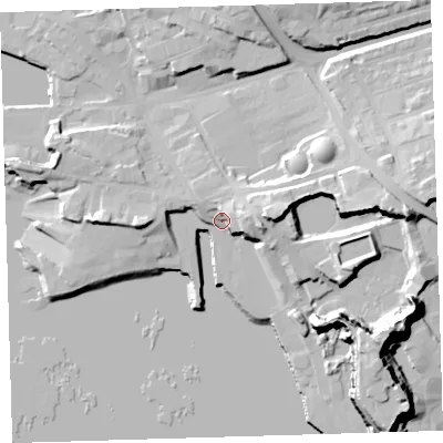 Shaded relief map of the ground around PL40RF, computed from Environment Agency LiDAR. The ground here sits at about 6 m above sea level and falls 35 m across the surrounding 800 m. Surface water reaching this point runs off ground lying to the east, 14.2 m higher.
