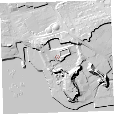 Shaded relief map of the ground around PL40RJ, computed from Environment Agency LiDAR. The ground here sits at about 12 m above sea level and falls 35 m across the surrounding 800 m. Surface water reaching this point runs off ground lying to the east, 4.3 m higher.