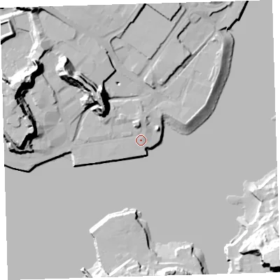 Shaded relief map of the ground around PL40RP, computed from Environment Agency LiDAR. The ground here sits at about 4 m above sea level and falls 35 m across the surrounding 800 m. Surface water reaching this point runs off ground lying to the north-north-west, 4.9 m higher.