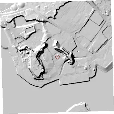 Shaded relief map of the ground around PL40RW, computed from Environment Agency LiDAR. The ground here sits at about 8 m above sea level and falls 35 m across the surrounding 800 m. Surface water reaching this point runs off ground lying to the north-west, 26.0 m higher.