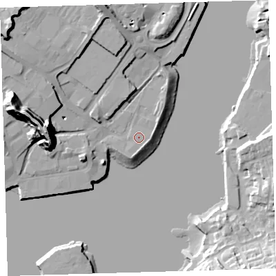 Shaded relief map of the ground around PL40SJ, computed from Environment Agency LiDAR. The ground here sits at about 5 m above sea level and falls 32 m across the surrounding 800 m. Surface water reaching this point runs off ground lying to the south-south-east, 1.3 m higher.