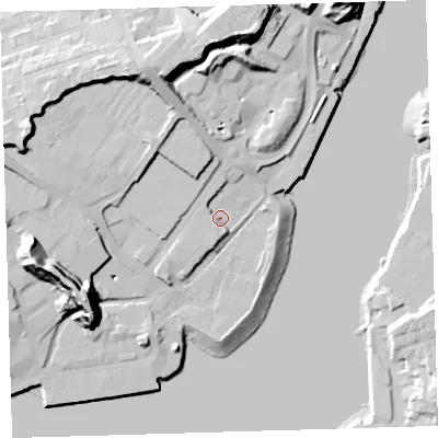 Shaded relief map of the ground around PL40SN, computed from Environment Agency LiDAR. The ground here sits at about 6 m above sea level and falls 32 m across the surrounding 800 m. Surface water reaching this point runs off ground lying to the west-north-west, 3.3 m higher.
