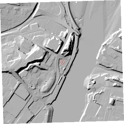 Shaded relief map of the ground around PL40SR, computed from Environment Agency LiDAR. The ground here sits at about 5 m above sea level and falls 31 m across the surrounding 800 m. Surface water reaching this point runs off ground lying to the north-north-west, 3.8 m higher.
