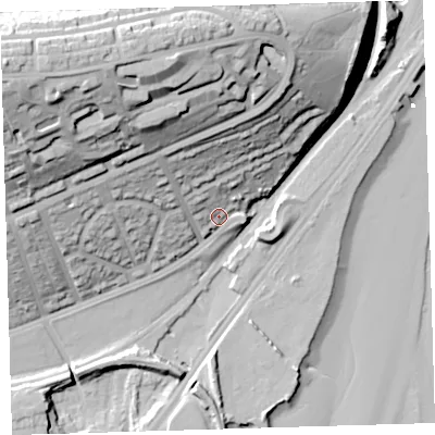 Shaded relief map of the ground around PL49HJ, computed from Environment Agency LiDAR. The ground here sits at about 8 m above sea level and falls 54 m across the surrounding 800 m. Surface water reaching this point runs off ground lying to the north-north-west, 16.2 m higher.