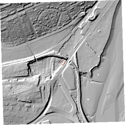 Shaded relief map of the ground around PL49JH, computed from Environment Agency LiDAR. The ground here sits at about 1 m above sea level and falls 35 m across the surrounding 800 m. Surface water reaching this point runs off ground lying to the west-south-west, 14.8 m higher.