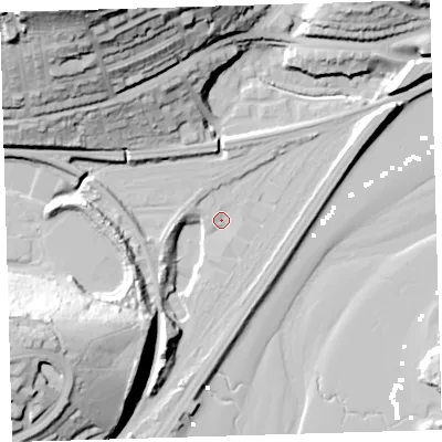 Shaded relief map of the ground around PL49JN, computed from Environment Agency LiDAR. The ground here sits at about 2 m above sea level and falls 57 m across the surrounding 800 m. Surface water reaching this point runs off ground lying to the north-north-west, 4.2 m higher.