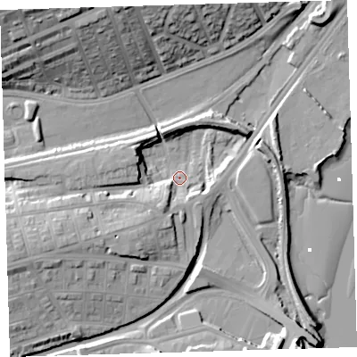 Shaded relief map of the ground around PL49JZ, computed from Environment Agency LiDAR. The ground here sits at about 2 m above sea level and falls 28 m across the surrounding 800 m. Surface water reaching this point runs off ground lying to the west-south-west, 17.9 m higher.