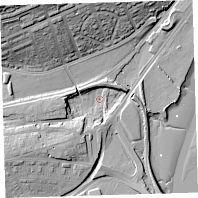 Shaded relief map of the ground around PL49LA, computed from Environment Agency LiDAR. The ground here sits at about 1 m above sea level and falls 36 m across the surrounding 800 m. Surface water reaching this point runs off ground lying to the west-south-west, 15.8 m higher.