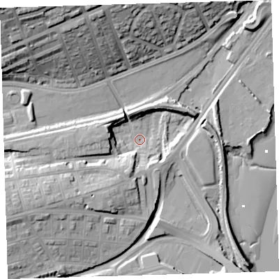 Shaded relief map of the ground around PL49LB, computed from Environment Agency LiDAR. The ground here sits at about 1 m above sea level and falls 32 m across the surrounding 800 m. Surface water reaching this point runs off ground lying to the west-south-west, 16.7 m higher.