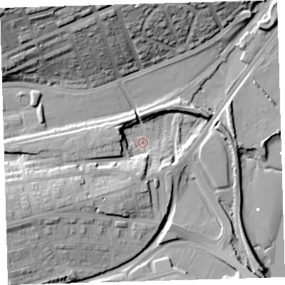 Shaded relief map of the ground around PL49LD, computed from Environment Agency LiDAR. The ground here sits at about 1 m above sea level and falls 33 m across the surrounding 800 m. Surface water reaching this point runs off ground lying to the west-south-west, 17.1 m higher.