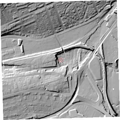 Shaded relief map of the ground around PL49LE, computed from Environment Agency LiDAR. The ground here sits at about 1 m above sea level and falls 36 m across the surrounding 800 m. Surface water reaching this point runs off ground lying to the west-south-west, 18.8 m higher.