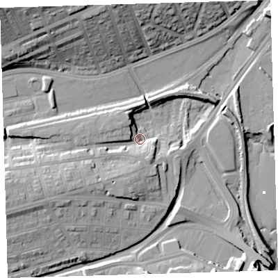 Shaded relief map of the ground around PL49LF, computed from Environment Agency LiDAR. The ground here sits at about 4 m above sea level and falls 30 m across the surrounding 800 m. Surface water reaching this point runs off ground lying to the west-south-west, 18.9 m higher.
