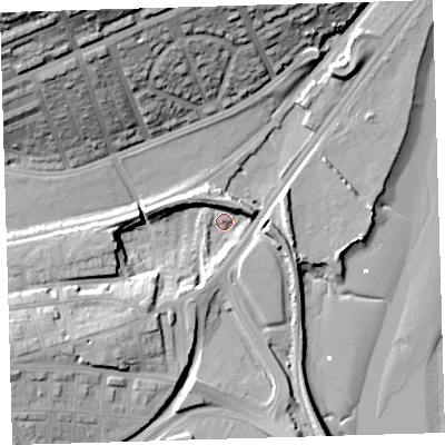 Shaded relief map of the ground around PL49LG, computed from Environment Agency LiDAR. The ground here sits at about 2 m above sea level and falls 38 m across the surrounding 800 m. Surface water reaching this point runs off ground lying to the west-south-west, 15.0 m higher.