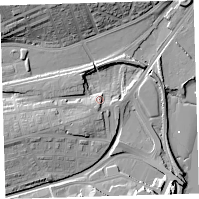 Shaded relief map of the ground around PL49PU, computed from Environment Agency LiDAR. The ground here sits at about 7 m above sea level and falls 26 m across the surrounding 800 m. Surface water reaching this point runs off ground lying to the west-south-west, 16.6 m higher.