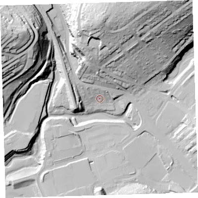 Shaded relief map of the ground around PL51BH, computed from Environment Agency LiDAR. The ground here sits at about 6 m above sea level and falls 61 m across the surrounding 800 m. Surface water reaching this point runs off ground lying to the north-north-west, 8.0 m higher.