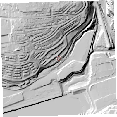 Shaded relief map of the ground around PL51BU, computed from Environment Agency LiDAR. The ground here sits at about 16 m above sea level and falls 66 m across the surrounding 800 m. Surface water reaching this point runs off ground lying to the north-west, 12.6 m higher.