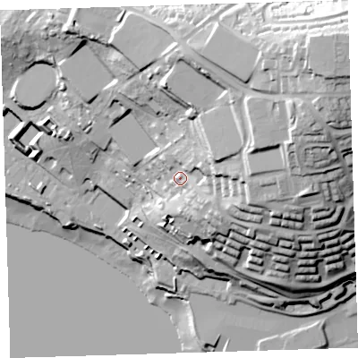 Shaded relief map of the ground around PL51EX, computed from Environment Agency LiDAR. The ground here sits at about 31 m above sea level and falls 66 m across the surrounding 800 m. Surface water reaching this point runs off ground lying to the east-north-east, 32.3 m higher.