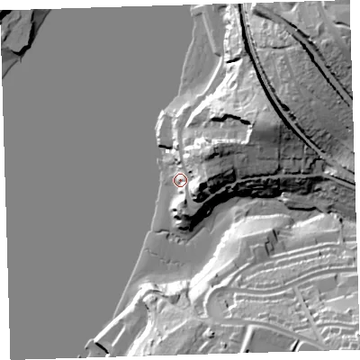 Shaded relief map of the ground around PL51JX, computed from Environment Agency LiDAR. The ground here sits at about 7 m above sea level and falls 52 m across the surrounding 800 m. Surface water reaching this point runs off ground lying to the north-east, 28.4 m higher.