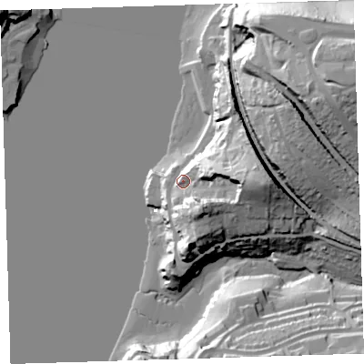 Shaded relief map of the ground around PL51JY, computed from Environment Agency LiDAR. The ground here sits at about 13 m above sea level and falls 53 m across the surrounding 800 m. Surface water reaching this point runs off ground lying to the east, 27.4 m higher.