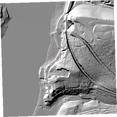 Shaded relief map of the ground around PL51LA, computed from Environment Agency LiDAR. The ground here sits at about 4 m above sea level and falls 54 m across the surrounding 800 m. Surface water reaching this point runs off ground lying to the south-east, 29.4 m higher.