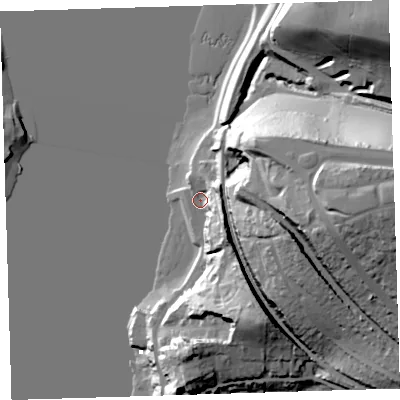 Shaded relief map of the ground around PL51LB, computed from Environment Agency LiDAR. The ground here sits at about 3 m above sea level and falls 55 m across the surrounding 800 m. Surface water reaching this point runs off ground lying to the south-east, 17.7 m higher.