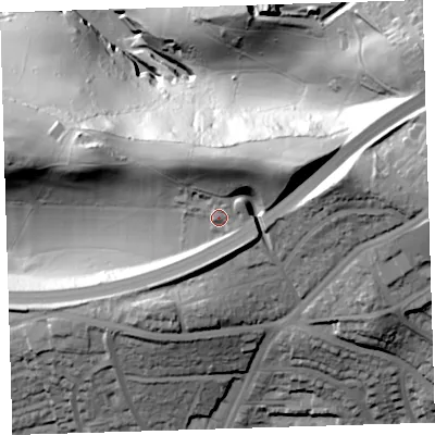 Shaded relief map of the ground around PL51SD, computed from Environment Agency LiDAR. The ground here sits at about 70 m above sea level and falls 86 m across the surrounding 800 m. Surface water reaching this point runs off ground lying to the east-north-east, 6.9 m higher.