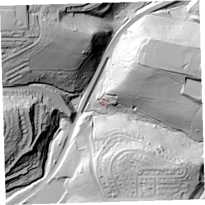 Shaded relief map of the ground around PL52AA, computed from Environment Agency LiDAR. The ground here sits at about 10 m above sea level and falls 82 m across the surrounding 800 m. Surface water reaching this point runs off ground lying to the north-east, 57.6 m higher.