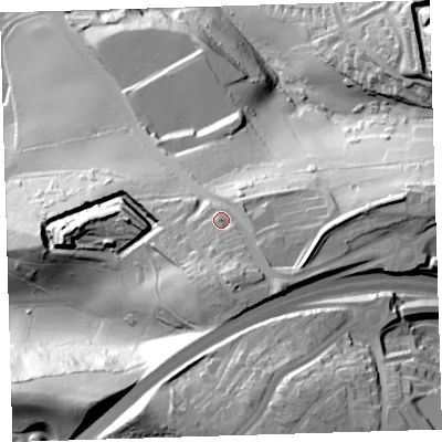 Shaded relief map of the ground around PL52EY, computed from Environment Agency LiDAR. The ground here sits at about 72 m above sea level and falls 78 m across the surrounding 800 m. Surface water reaching this point runs off ground lying to the south-east, 14.8 m higher.