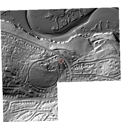 Shaded relief map of the ground around PL52QJ, computed from Environment Agency LiDAR. The ground here sits at about 29 m above sea level and falls 56 m across the surrounding 800 m. Surface water reaching this point runs off ground lying to the south-south-east, 12.1 m higher.