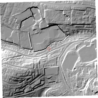 Shaded relief map of the ground around PL53JD, computed from Environment Agency LiDAR. The ground here sits at about 55 m above sea level and falls 40 m across the surrounding 800 m. Surface water reaching this point runs off ground lying to the north-east, 26.9 m higher.