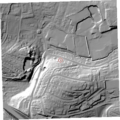 Shaded relief map of the ground around PL53JS, computed from Environment Agency LiDAR. The ground here sits at about 54 m above sea level and falls 41 m across the surrounding 800 m. Surface water reaching this point runs off ground lying to the south-south-east, 28.5 m higher.