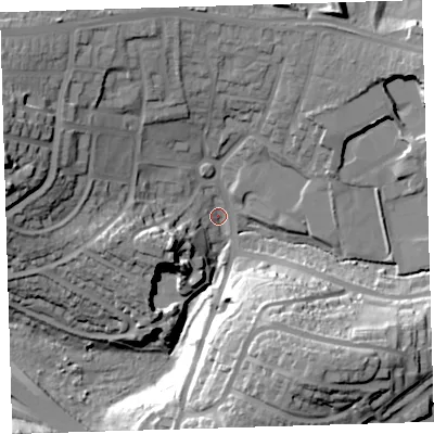Shaded relief map of the ground around PL53PE, computed from Environment Agency LiDAR. The ground here sits at about 48 m above sea level and falls 41 m across the surrounding 800 m. Surface water reaching this point runs off ground lying to the west-north-west, 30.0 m higher.